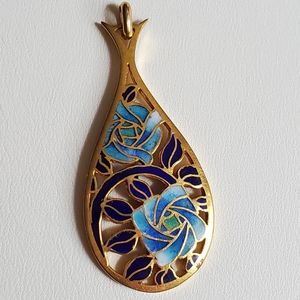 Vtg Amita Floral Cloisonne Enamel Teardrop Pendant